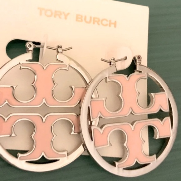 Tory Burch Jewelry - Tory Burch 🌸SALE 🌸pink enamel silver Miller hoops FIRM
